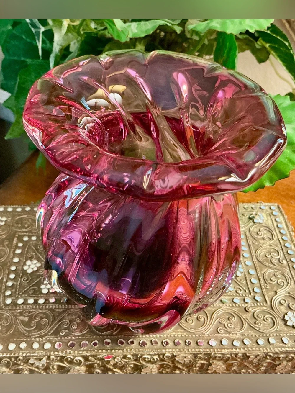 Vintage Cranberry Swirl Art Glass Vase